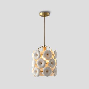 Handcrafted Camellia Ceramic Pendant Light in Brushed Brass
