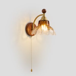 Vintage Wood & Glass Leaf Wall Sconce with Pull Chain