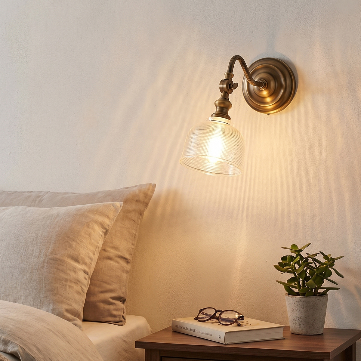 Adjustable Swing Arm Sconce 2 Vintage brass wall light with elegant curved swing arm and textured glass shade - Model B