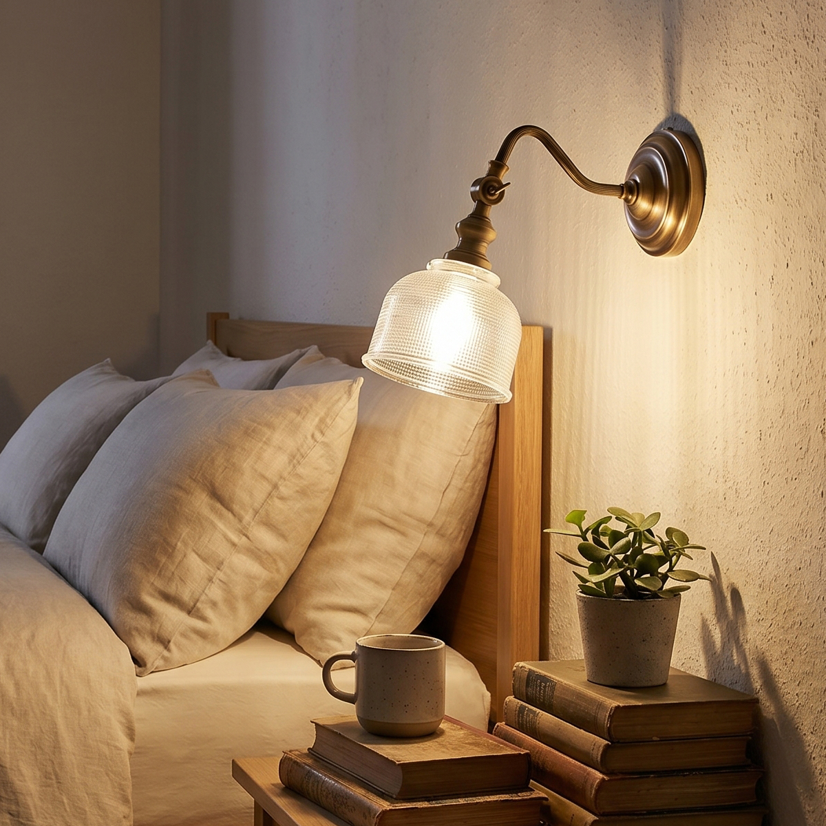 Adjustable Swing Arm Sconce 3 Vintage brass wall light with elegant curved swing arm and textured glass shade - Model B