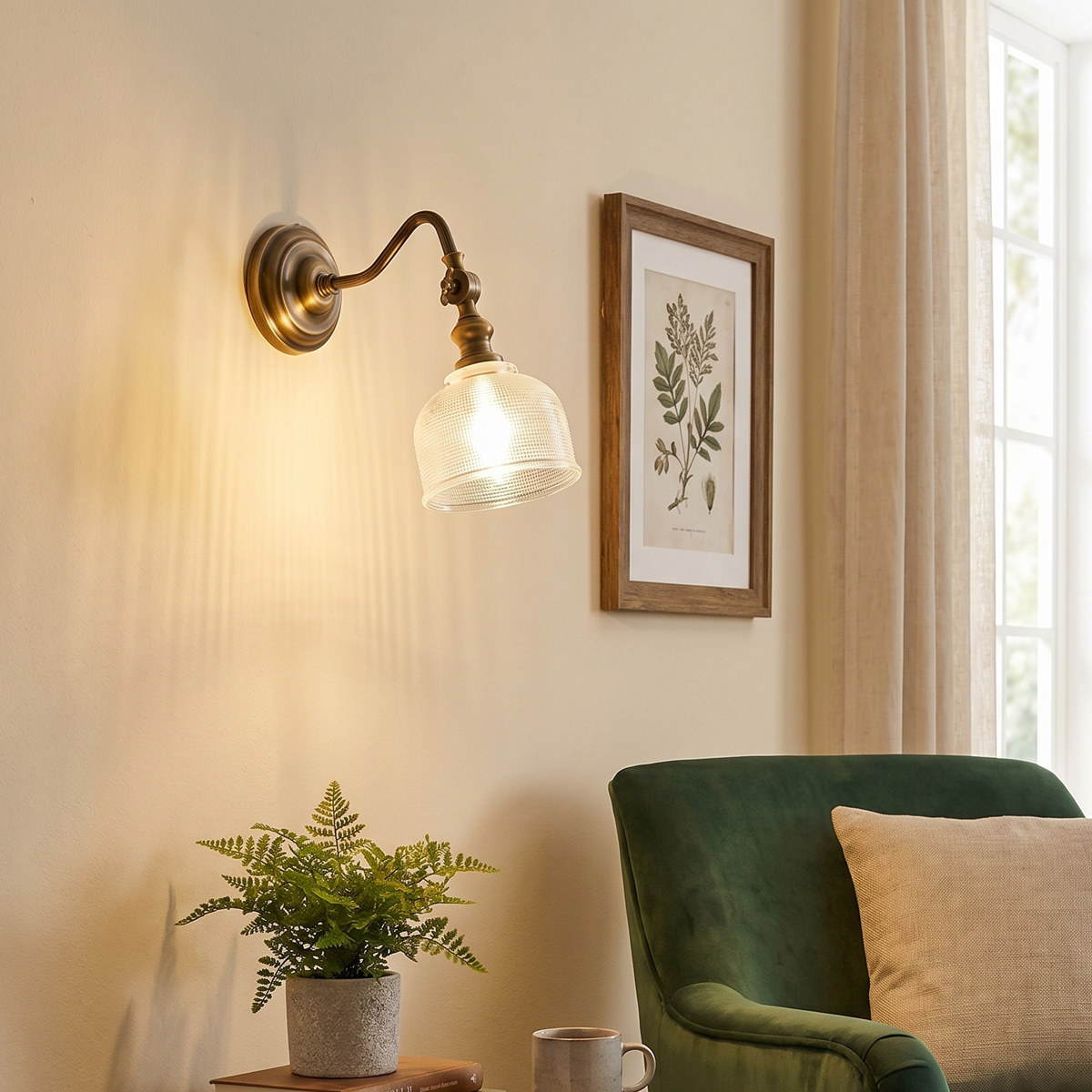 Adjustable Swing Arm Sconce 4 Vintage brass wall light with elegant curved swing arm and textured glass shade - Model B