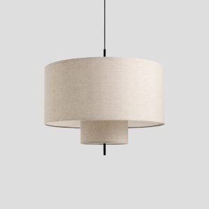 Modern 2-tier linen pendant light with textured beige fabric drum shade.