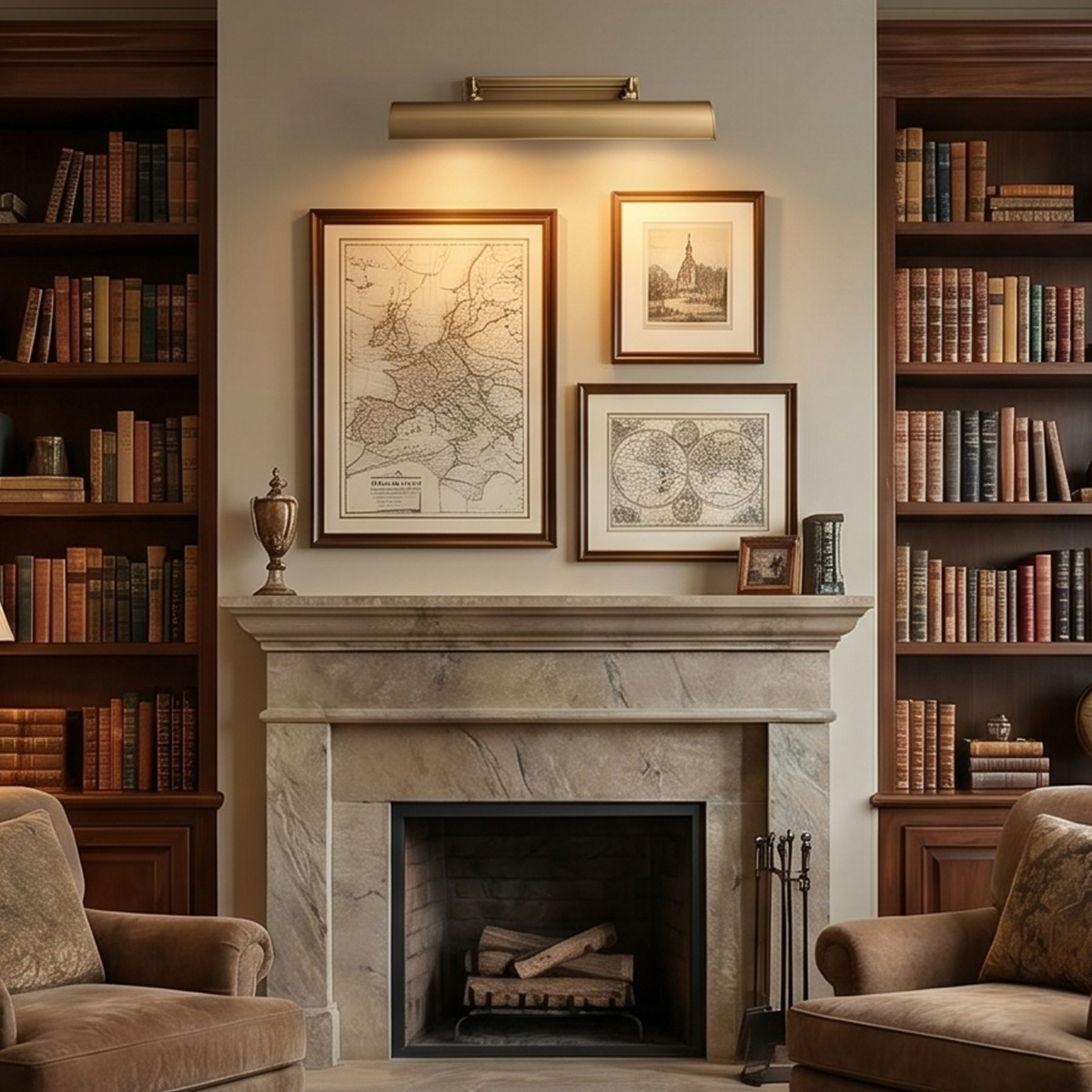 Antique Brass Picture Light 3 24 inch antique brass picture light illuminating framed artwork and vintage maps above a classic stone fireplace mantel flanked by home library bookshelves.