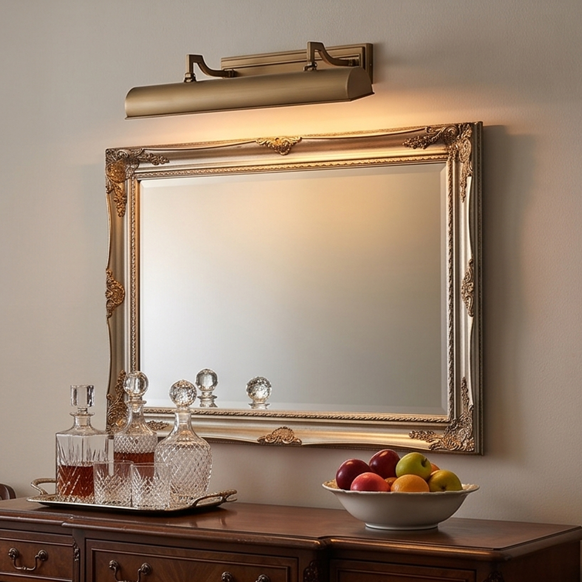 Antique Brass Picture Light 8 Classic brushed bronze 4 light vanity mirror front fixture mounted above an ornate silver framed mirror on an elegant wooden dresser console.