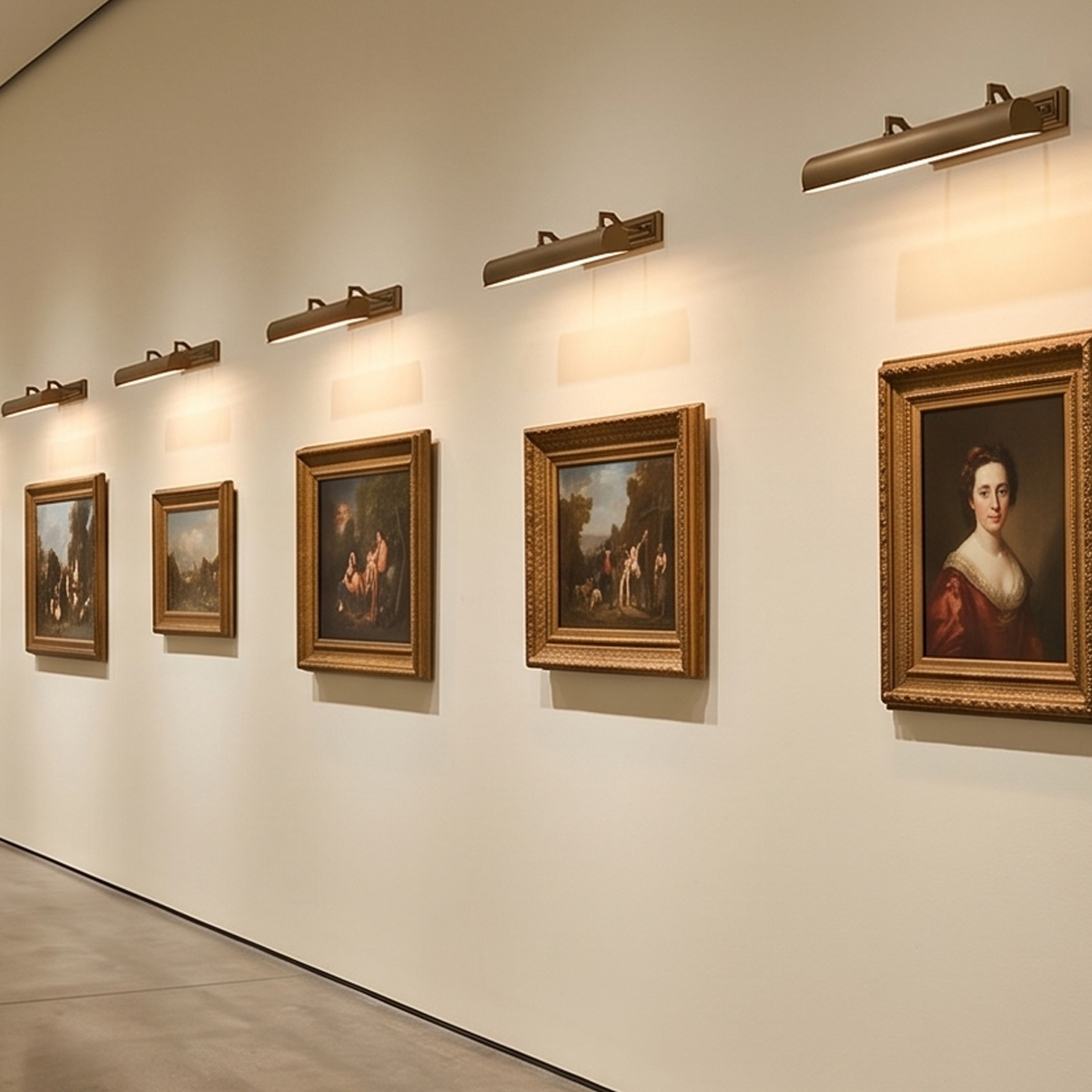 Antique Brass Picture Light 4 A precise linear row of brass picture lights illuminating oil paintings in a luxury museum or contemporary art gallery wall setup.