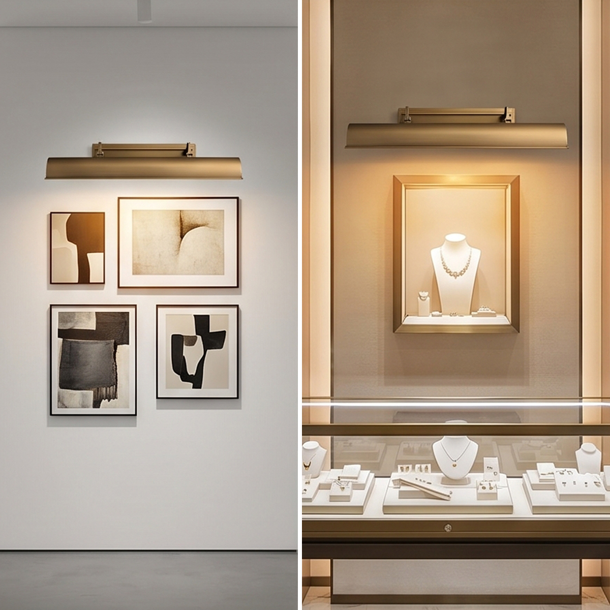 Antique Brass Picture Light 5 Split view of a modern gallery wall displaying abstract monochrome artwork and a high end luxury jewelry retail boutique display counter illuminated by gold accent lighting.