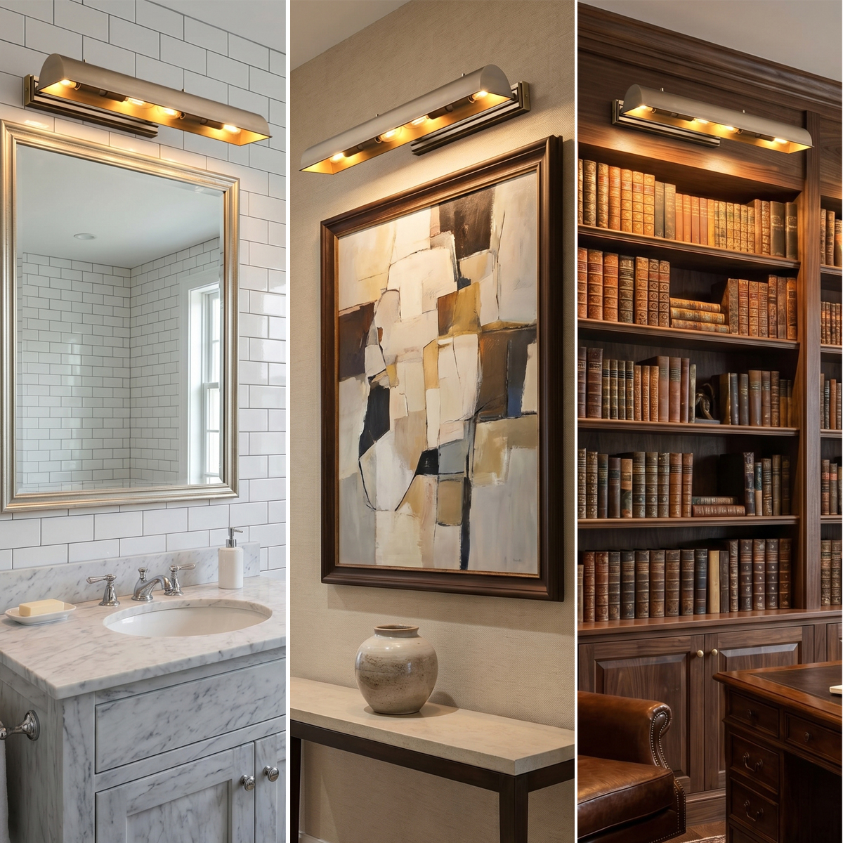Antique Brass Picture Light 6 Three panel split screen showcasing the versatility of the antique brass picture light used in a modern tile bathroom, over a canvas painting, and accenting custom dark oak library bookshelves.