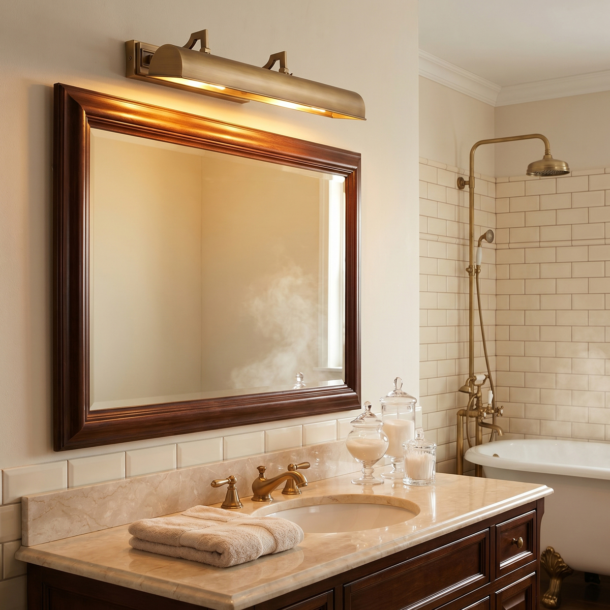 Antique Brass Picture Light 7 Traditional 24 inch vintage brass vanity light fixture mounted above a dark wood framed bathroom mirror next to a classic clawfoot soaking tub.